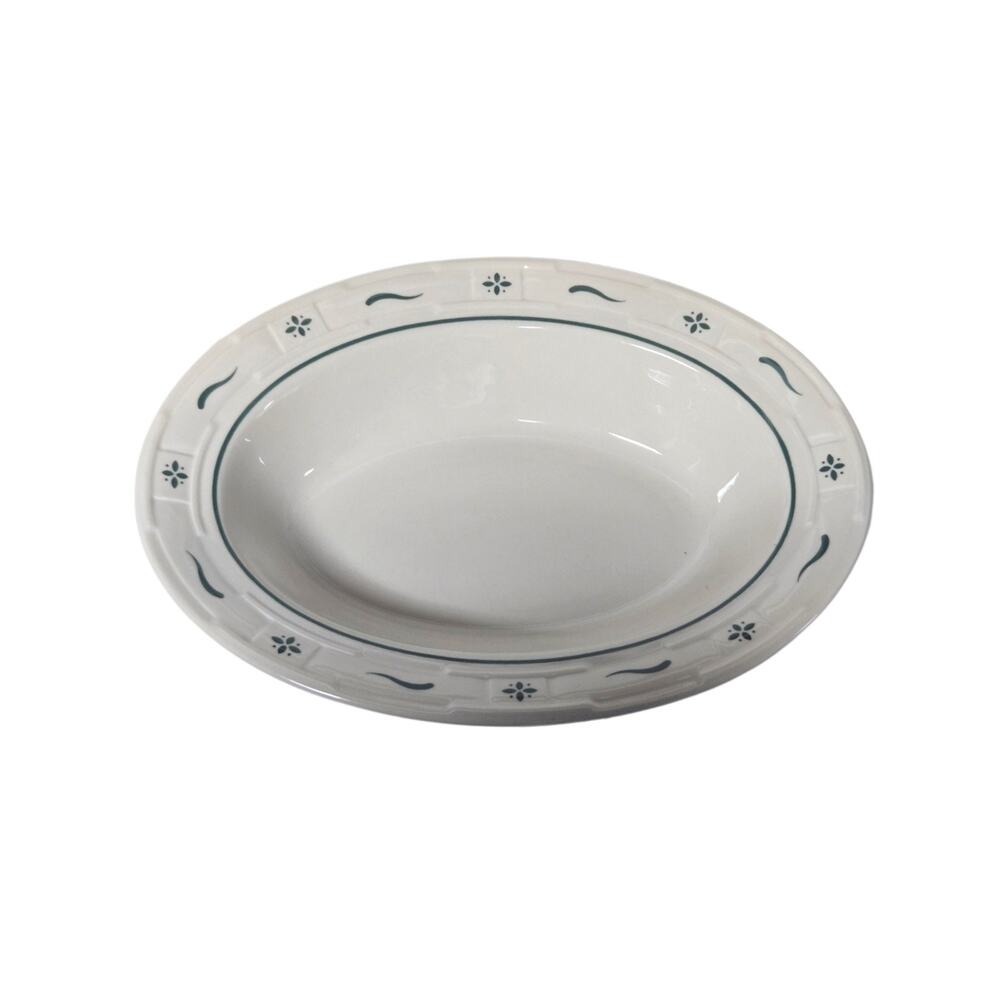 Longaberger Pottery Oval Serving Bowl Ceramic Cream Green Woven traditions 10in